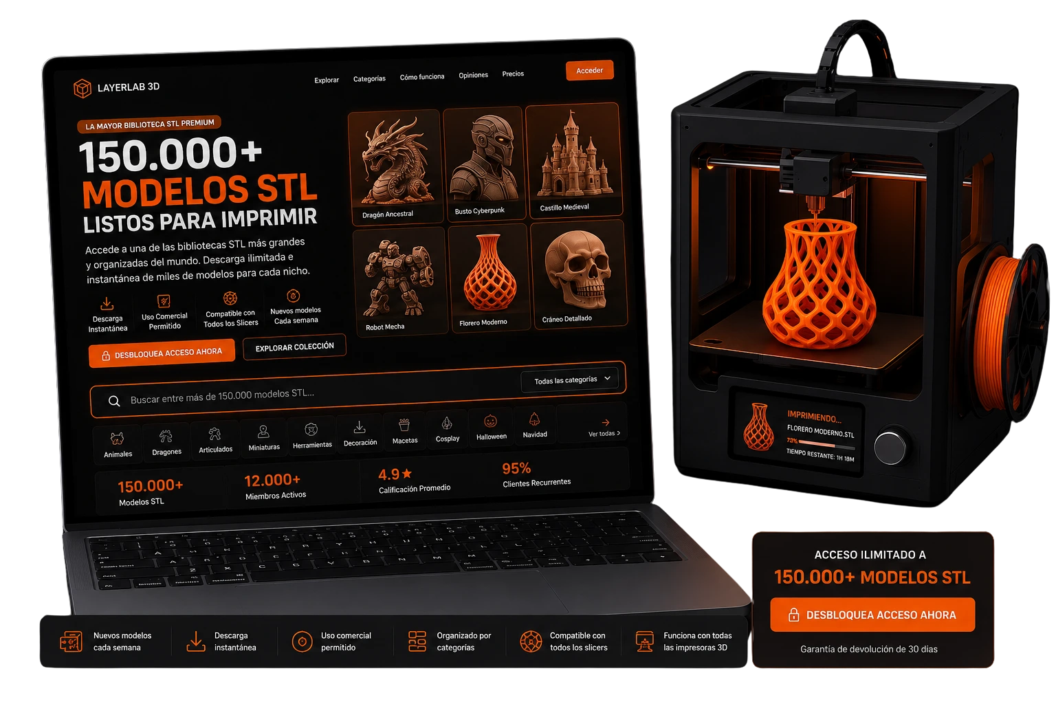 Plataforma LayerLab con más de 150.000 modelos STL junto a una impresora 3D